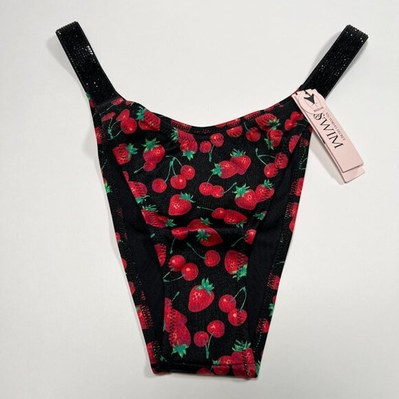 Victoria Secret Medium M Brazilian Bikini Bottom Shine Strap Cherry Strawberry - Picture 1 of 3